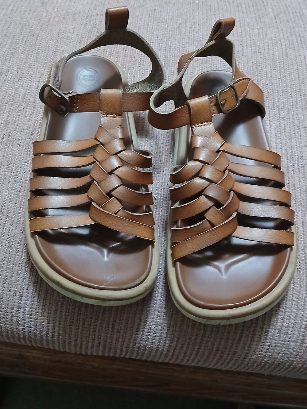 Girls Tan Braided Leather Sandal with Adjustable Ankle Strap